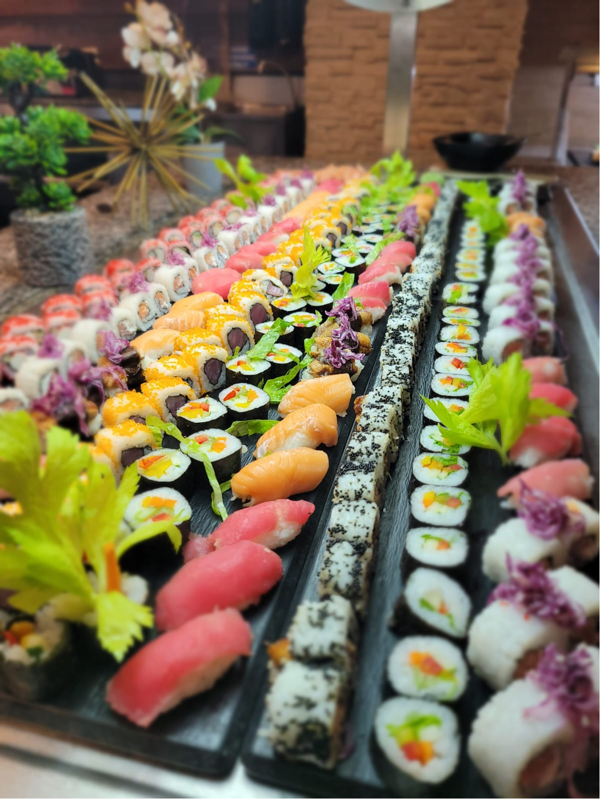 Long rows of assorted sushi rolls and nigiri on slate boards.